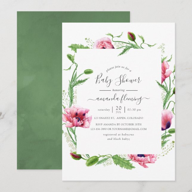 Invitation Baby Shower Fleurs de Pavot Roses Aquarelle (Devant / Derrière)