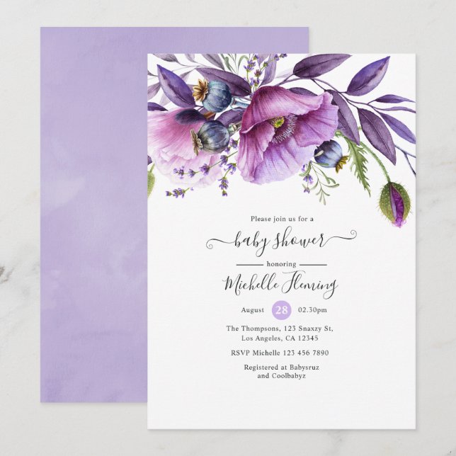 Invitation Baby Shower Fleurs de Pavot Violet Pastel (Devant / Derrière)