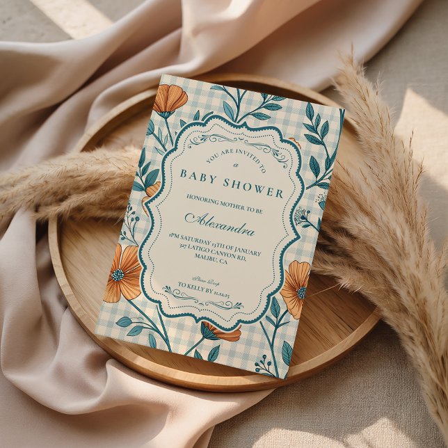 Invitation Baby Shower Fleurs de Pêche à Carreaux (Créateur téléchargé)