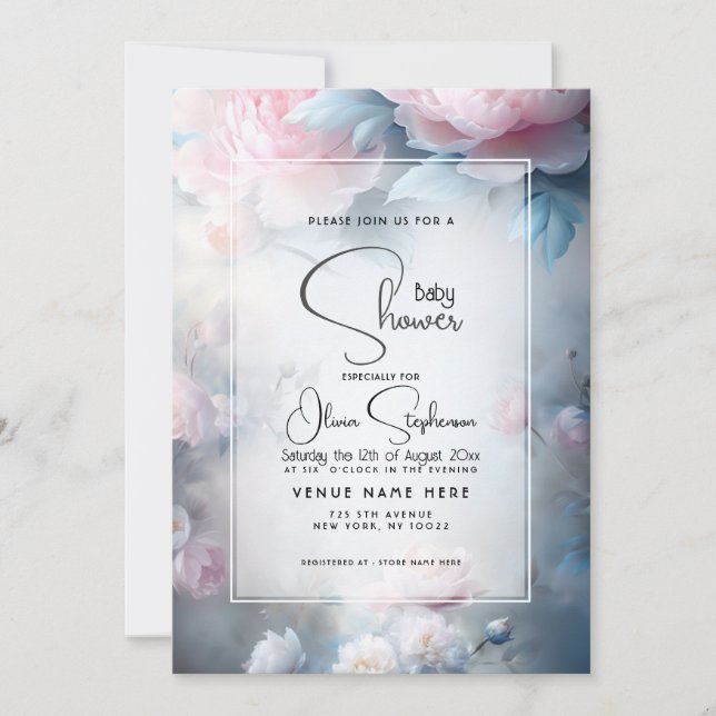 Invitation Baby Shower - Fleurs de pivoine rose rêveuses  (Devant)