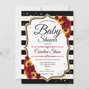 Invitation Baby shower - Fleurs de soleil Roses rouges Gold I