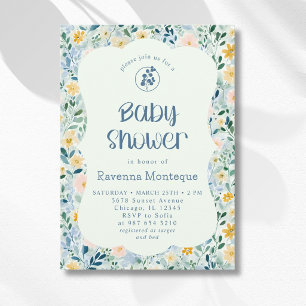 Invitation Baby-Shower Fleurs de Style Ancien Bleu Poussiéreu