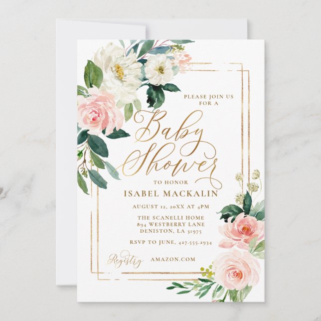 Invitation Baby Shower Fleurs de verdure aquarelle rose et cr (Devant)