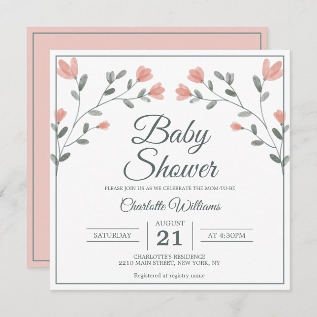 Invitation Baby shower Fleurs délicates Rose & Sage Vert (Devant / Derrière)