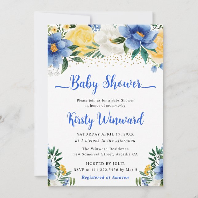 Invitation Baby Shower Fleurs d'été Jaune et Bleu Boho (Devant)