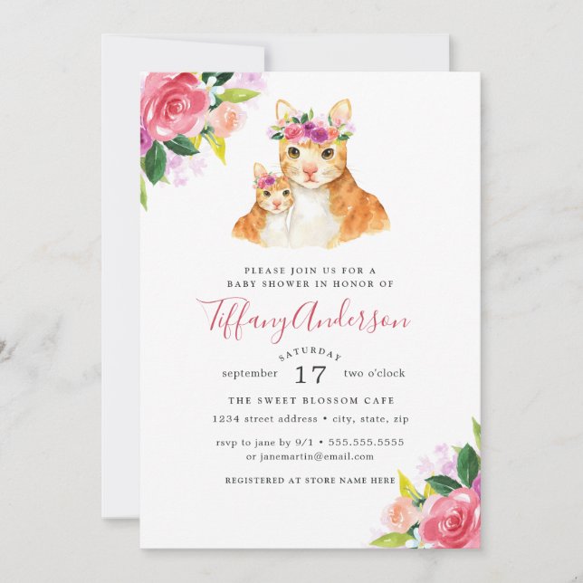 Invitation Baby Shower Fleurs Douce Maman Et Bébé Chat (Devant)