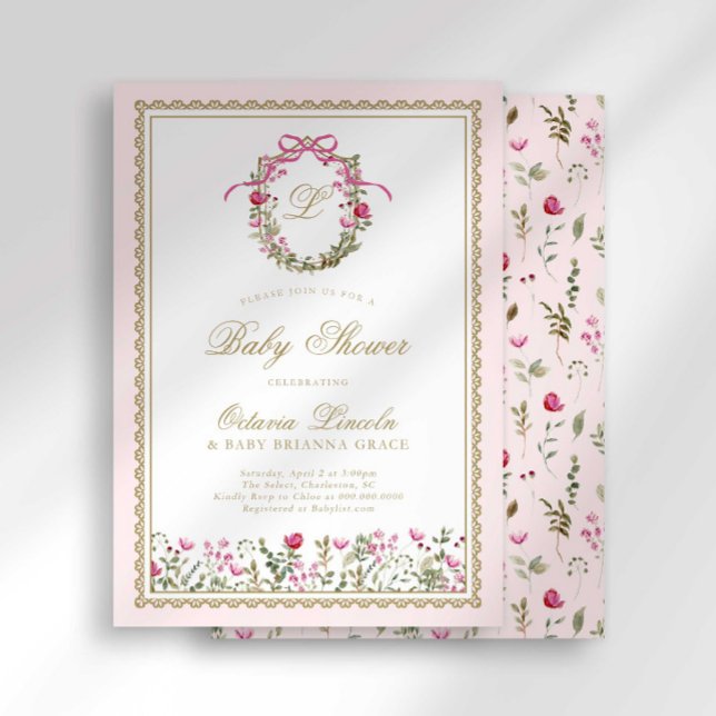 Invitation Baby Shower Fleurs en Fête Monogramme Ruban Rose (Créateur téléchargé)
