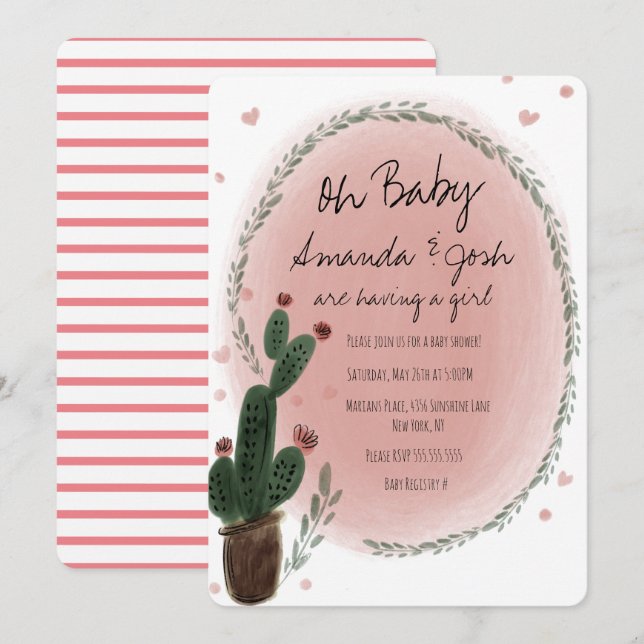 Invitation Baby-Shower Fleurs et Cactus à l'Aquarelle (Devant / Derrière)