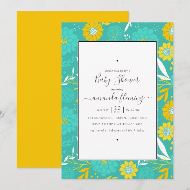 Invitation Baby Shower Fleurs Jaunes et Sarcelles (Devant / Derrière)