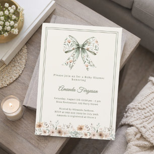 Invitation Baby Shower fleurs neutres vert ivoire été