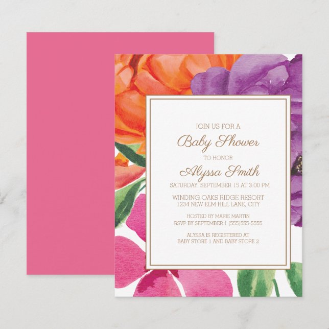 Invitation Baby Shower Fleurs Orange Violet Rose (Devant / Derrière)