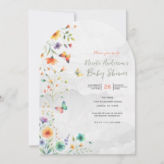 Invitation Baby shower Fleurs Papillon Aquarelle Colorée (Devant)