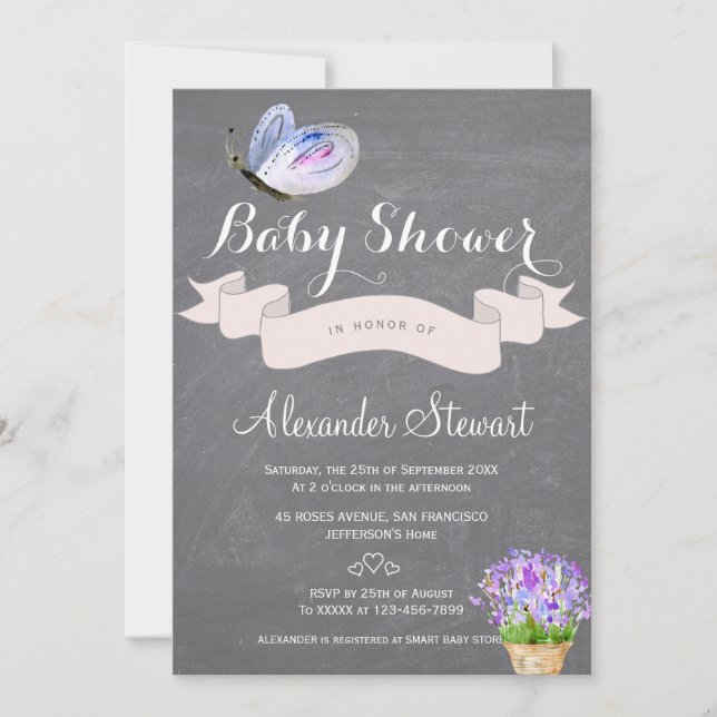 Invitation Baby shower fleurs papillon bleu aquarelle (Devant)