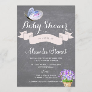 Invitation Baby shower fleurs papillon bleu aquarelle