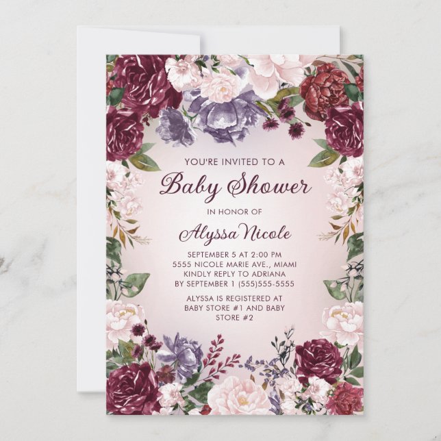 Invitation Baby Shower Fleurs Rose Bordeaux Violet (Devant)