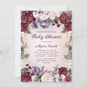 Invitation Baby Shower Fleurs Rose Bordeaux Violet