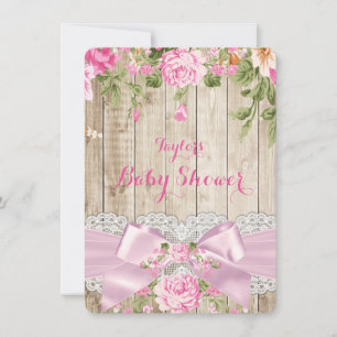 Invitation Baby Shower Fleurs Rose en Bois Rustique