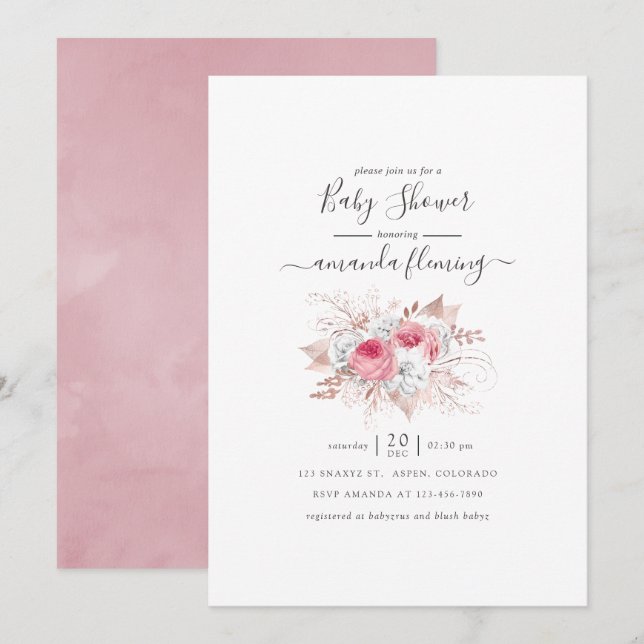 Invitation Baby Shower Fleurs Rose et Or Rose (Devant / Derrière)