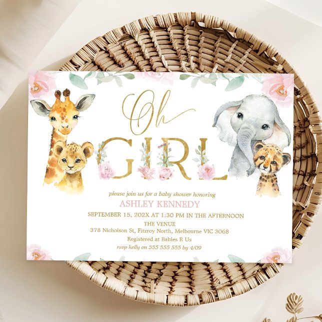 Invitation Baby shower Fleurs Rose Floral (Safari Baby Shower Invitation Template For Girl, Floral Safari Animals Baby Shower Invitation, )