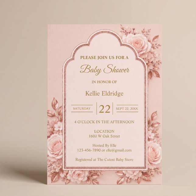Invitation Baby-Shower Fleurs Rose Gold (Créateur téléchargé)