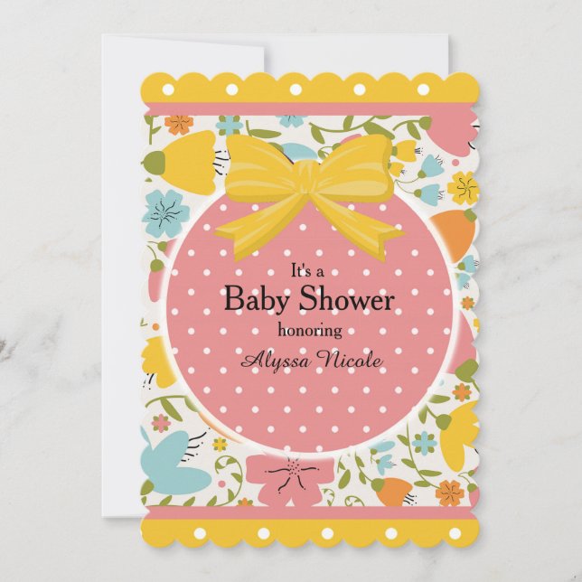Invitation Baby Shower Fleurs Rose Jaune Bleu et Points (Devant)