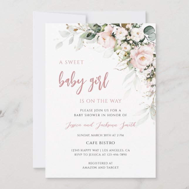 Invitation Baby-Shower Fleurs Roses (Devant)