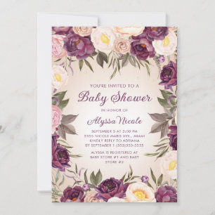 Invitation Baby shower Fleurs roses et violettes anciennes