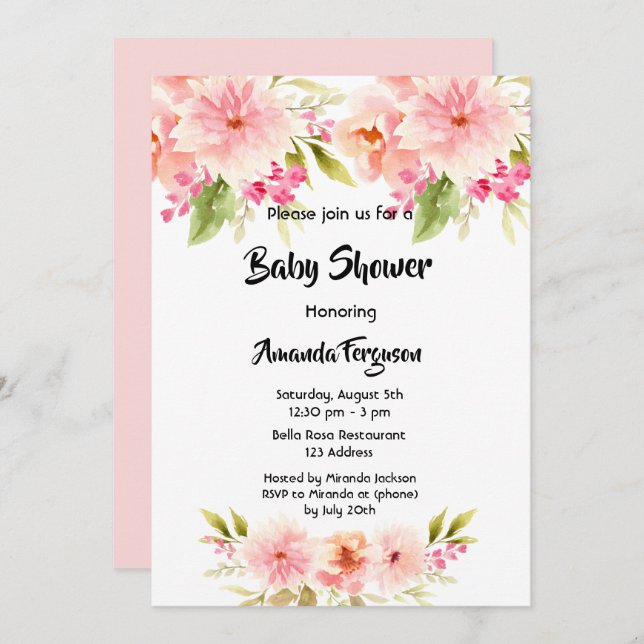 Invitation Baby shower fleurs roses fille blanche (Devant / Derrière)