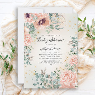 Invitation Baby Shower Fleurs Roses Pailletées Or