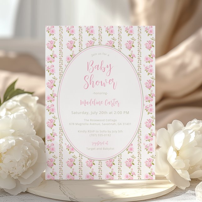 Invitation Baby-Shower Fleurs Roses Vintage  (Créateur téléchargé)