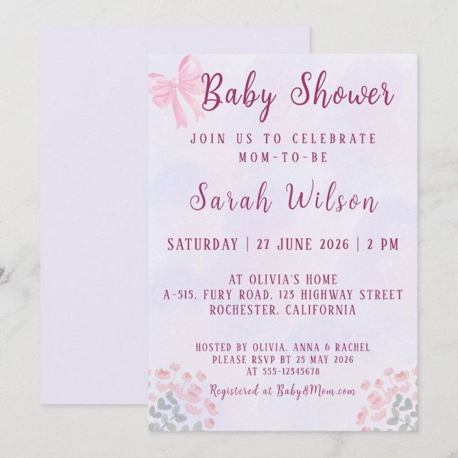 Invitation Baby Shower Fleurs Ruban Rose Pâle (Devant / Derrière)