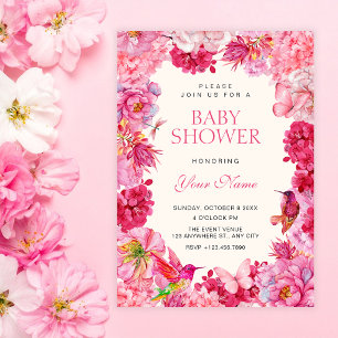 Invitation Baby shower fleurs rustiques roses en fleurs