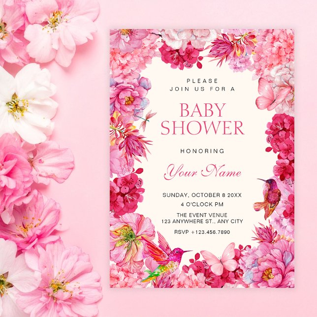 Invitation Baby shower fleurs rustiques roses en fleurs (Créateur téléchargé)