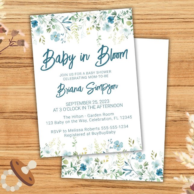 Invitation Baby Shower Fleurs Sauvages Bleu Canard (Créateur téléchargé)