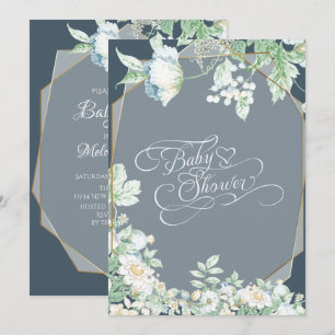 Invitation Baby Shower Fleurs sauvages et baies bleu pouss