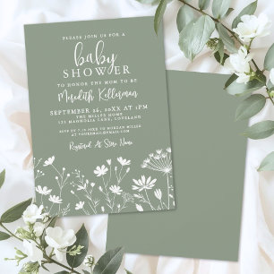 Invitation Baby Shower Fleurs Sauvages Vert Sauge