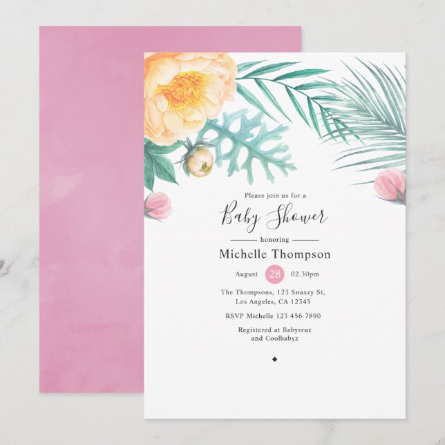 Invitation Baby Shower Fleurs Tropicales Rose et Menthe (Devant / Derrière)