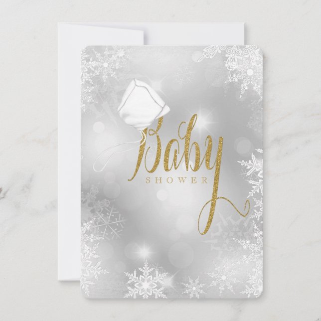 Invitation Baby Shower Flocon de Neige Blanc et Or (Devant)