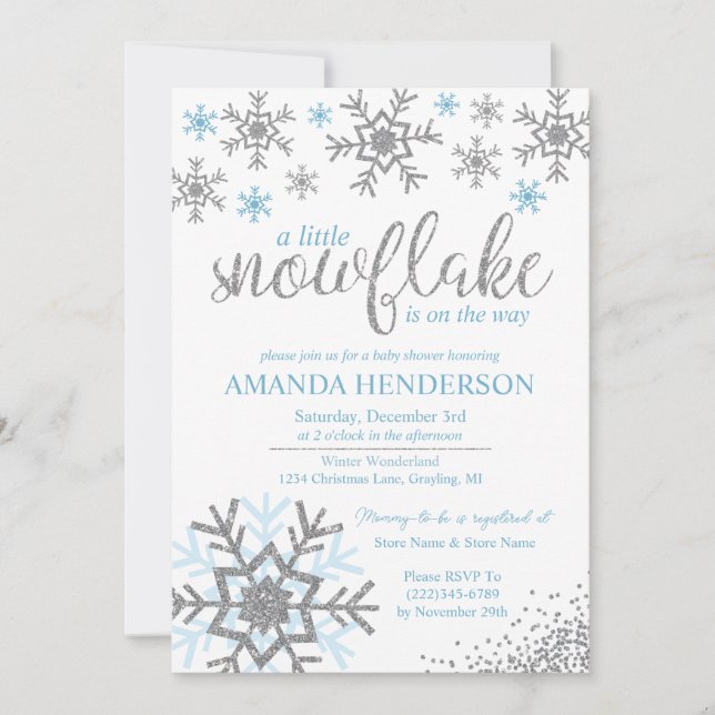 Invitation Baby Shower Flocon de Neige Bleu Poussiéreux Hiver (Devant)