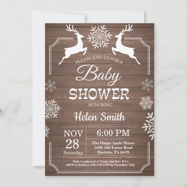 Invitation Baby Shower Flocon de Neige Cerf Hiver Rustique (Devant)