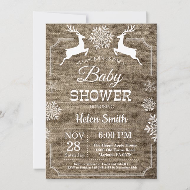 Invitation Baby Shower Flocon de Neige Cerf Hiver Rustique (Devant)