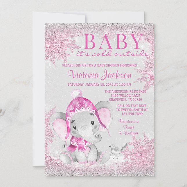 Invitation Baby Shower Flocon de Neige Fille Eléphant Hiver (Devant)