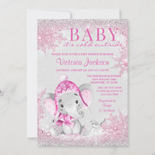 Invitation Baby Shower Flocon de Neige Fille Eléphant Hiver