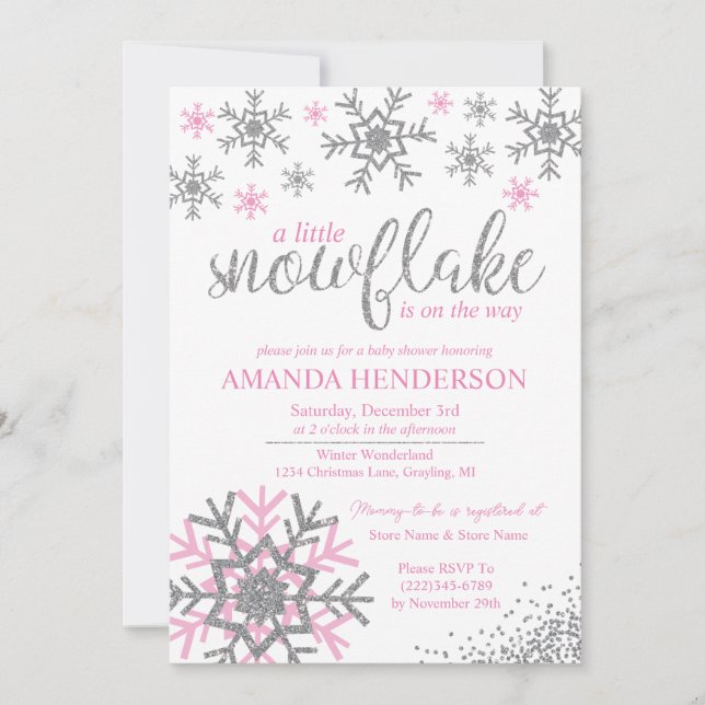 Invitation Baby Shower Flocon de Neige Rose Hiver (Devant)