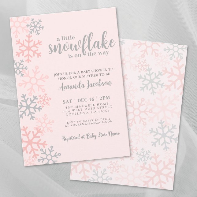 Invitation Baby Shower Flocon de Neige Rose Hiver (Snowflake Pink Winter Baby Shower Invitation)