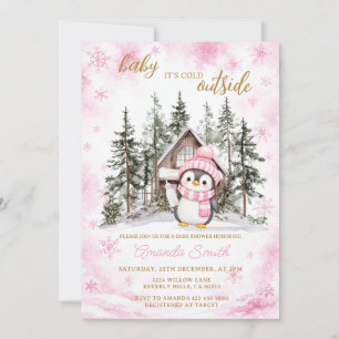 Invitation Baby Shower Flocon de Neige Rose Hiver Pingouin