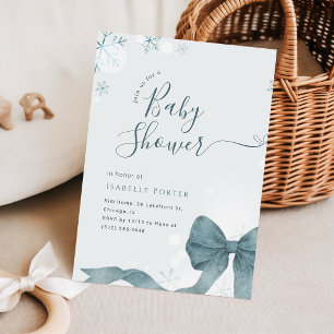 Invitation Baby Shower Flocon de Neige Ruban Bleu Aquarelle