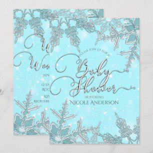 Invitation Baby Shower Flocons de Neige Monde Hivernal Bleu