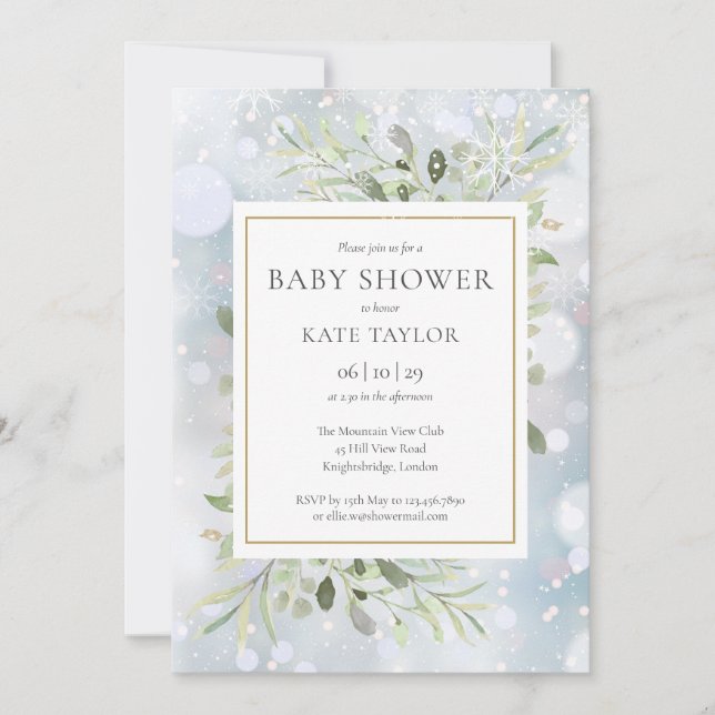 Invitation Baby Shower Flocons de Neige Verdure (Devant)
