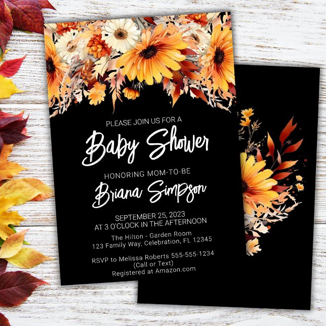 Invitation Baby shower floral à automne noir (Créateur téléchargé)
